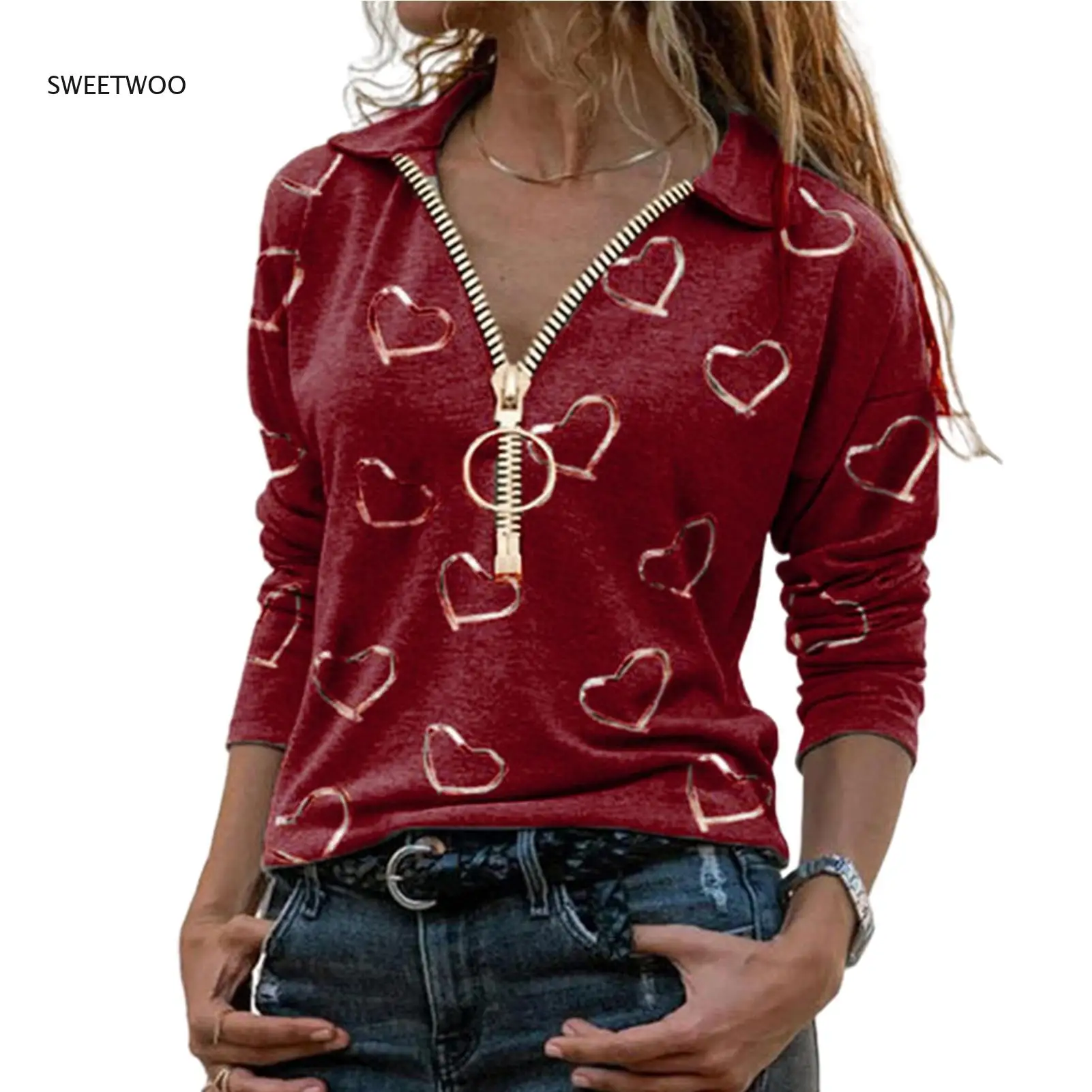 

Women Blouse Casual Zipper V Neck Heart Print Cotton Blends Long Sleeve Sweatshirt Blouse shirt Street wear ropa de mujer 2022