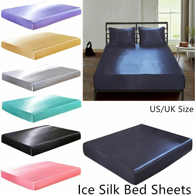 

Satin Faux Silk Fitted Sheet on Elastic Solid Color Mattress Cover Elastic Band Sabanas Bajeras Queen King Bed Sheets
