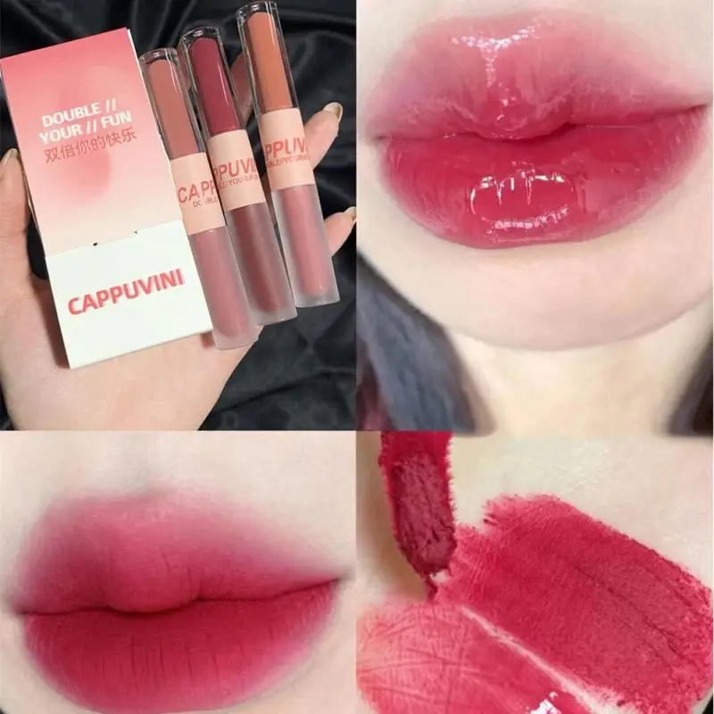 3 Colors Lipstick Waterproof Matte Mirror Lip Gloss Double-head Lip Glaze Water Lip Mud Long Lasting Makeup Korean Cosmetics New