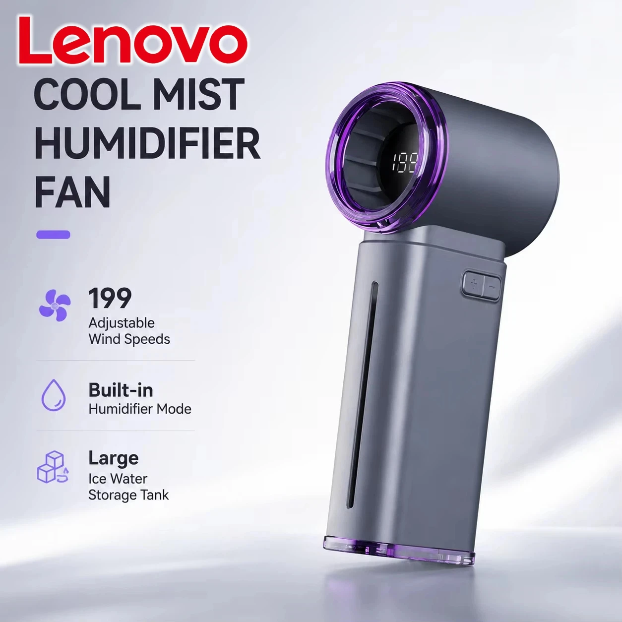 Фото Портативный вентилятор-увлажнитель Lenovo с функцией мгновенного охлаждения ледяной водой, 199 скоростей, турбо-режим, ручной, перезаряжаемый, с функцией кондиционера №1