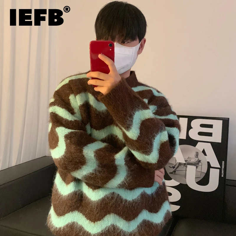 

IEFB Winter Korean Fashion Loose Mohair Stripe Thickened Men Sweater 2023 Contrast Color Casual Male Pullover Temperament 9A6284