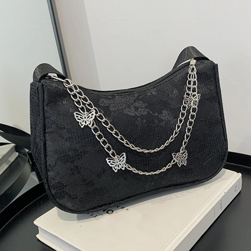 

Fashion Women Small Shoulder Underarm Bag Ladies Vintage Butterfly Chain Pure Color Zipper Purse Handbag