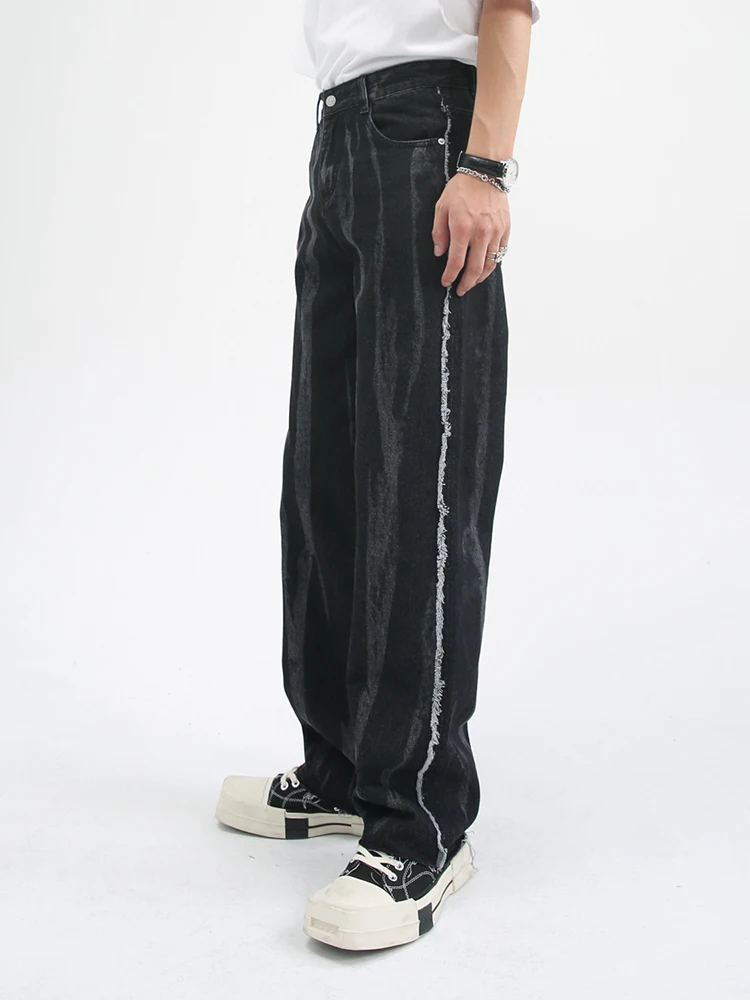 Y2K Men's Jeans Loose Fit Black Tie Dye Casual Pants Korean Wave Dark High Street Pants Four Seasons Streetwear Men Jeans