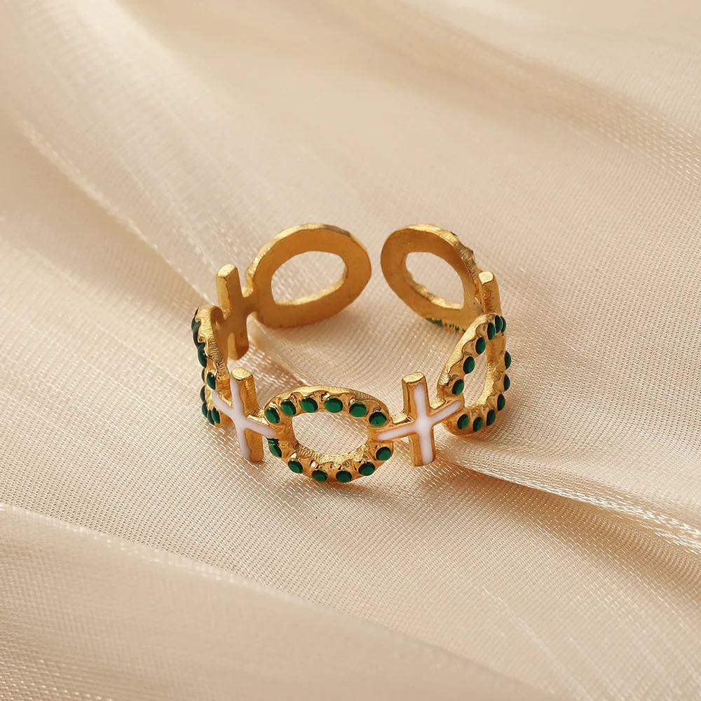 

Stainless Steel Hollow Enamel Cross Open Ring for Women Geometric Chain Rings Adjustable Jewelry Gift Wedding