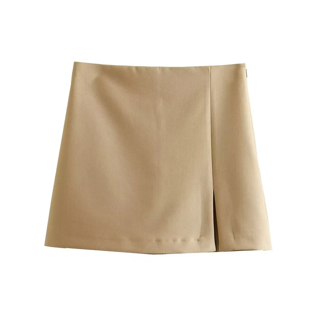 TRAF Women Fashion Front Slit Shorts Skirts Vintage High Waist Side Zipper Female Skort Mujer Harajuku Casual Short Skirt