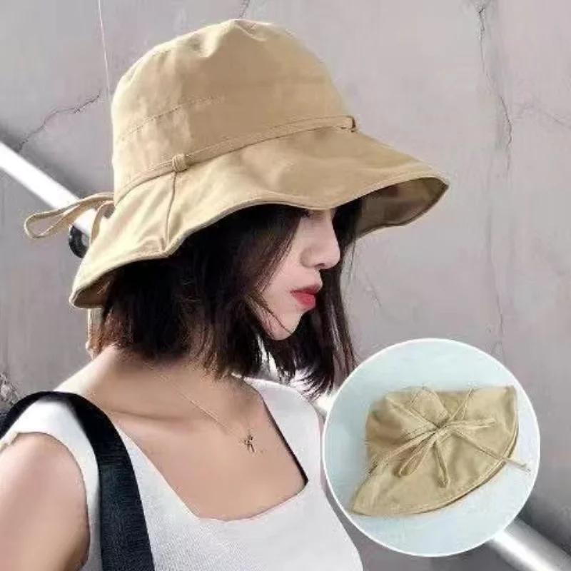 

Summer New Women Bucket Hat Solid Color Bows Soft Cotton Outdoor Sun Hats Beach Anti-UV Panama Caps Wide Brim Fishermen Hats