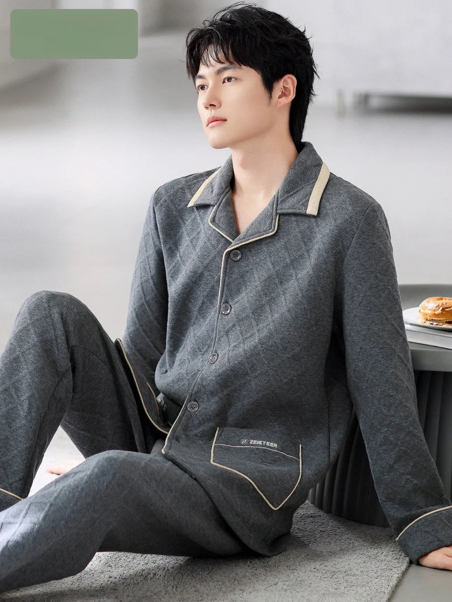 Pajamas Men's Autumn and Winter 2024 New Warm Air Cotton Sandwich Thickened Spring Long sleeve Homewear