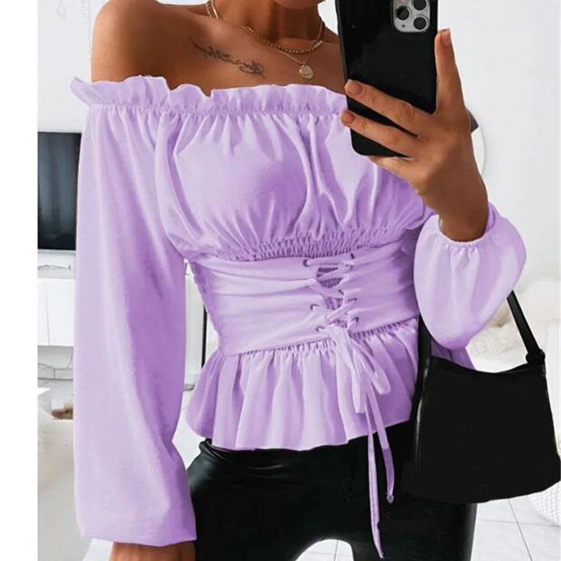 

Fashion Leisure Elegant Solid Color Office 2023 Autumn New Long Sleeve Off Shoulder Lotus Leaf Edge Women's Shirt Shirt Women's