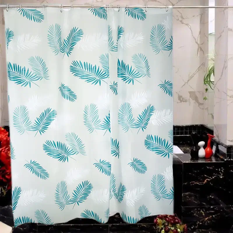 

Feather Leaf Pattern PEVA Bathroom Shower Curtain Liner Waterproof With Rustproof Metal Grommet And Plastic Hooks, 71Inch X 71In
