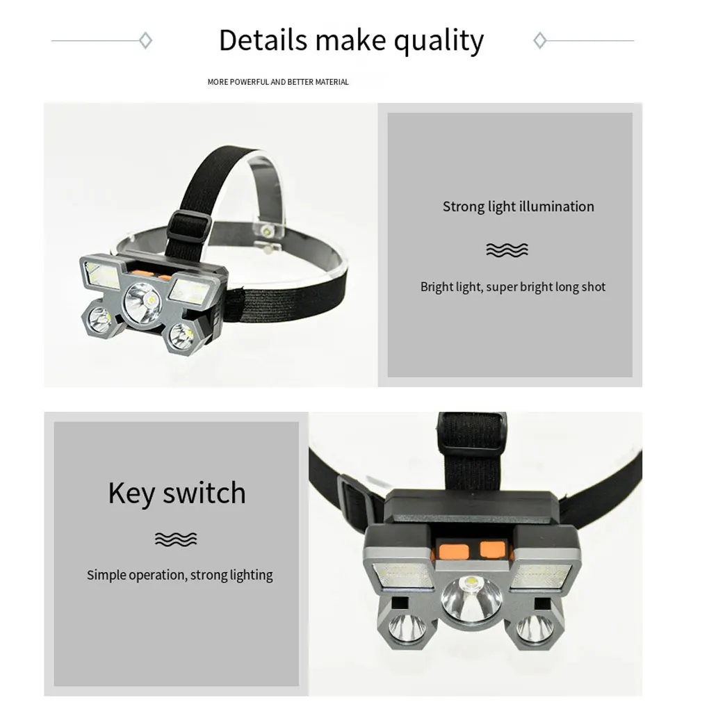

Headlamp Rechargeable Portable Strong Light Push Switch Headlight Large Capacity Five Lamps Lighting Accessory Camping