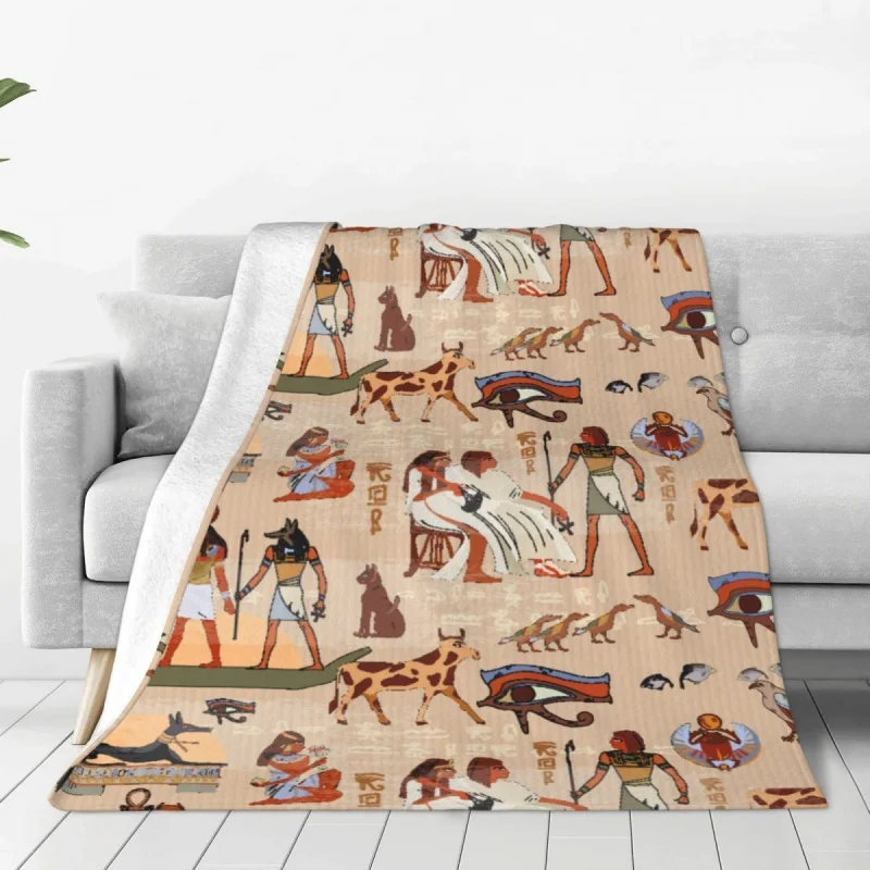 

Ancient Egypt Blanket Velvet Textile Decor Egyptian Hieroglyphs Portable Soft Throw Blankets for Bed Travel Bedding Throws