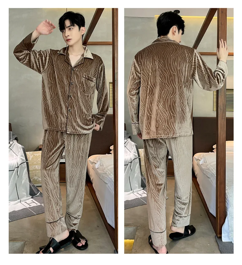 Men Pajama Set Cardigan Pleuche Velvet Loose Spring Autumn Winter Long Sleeve Pattern Pant Sleepcoat Trouser Homewear Nightshirt
