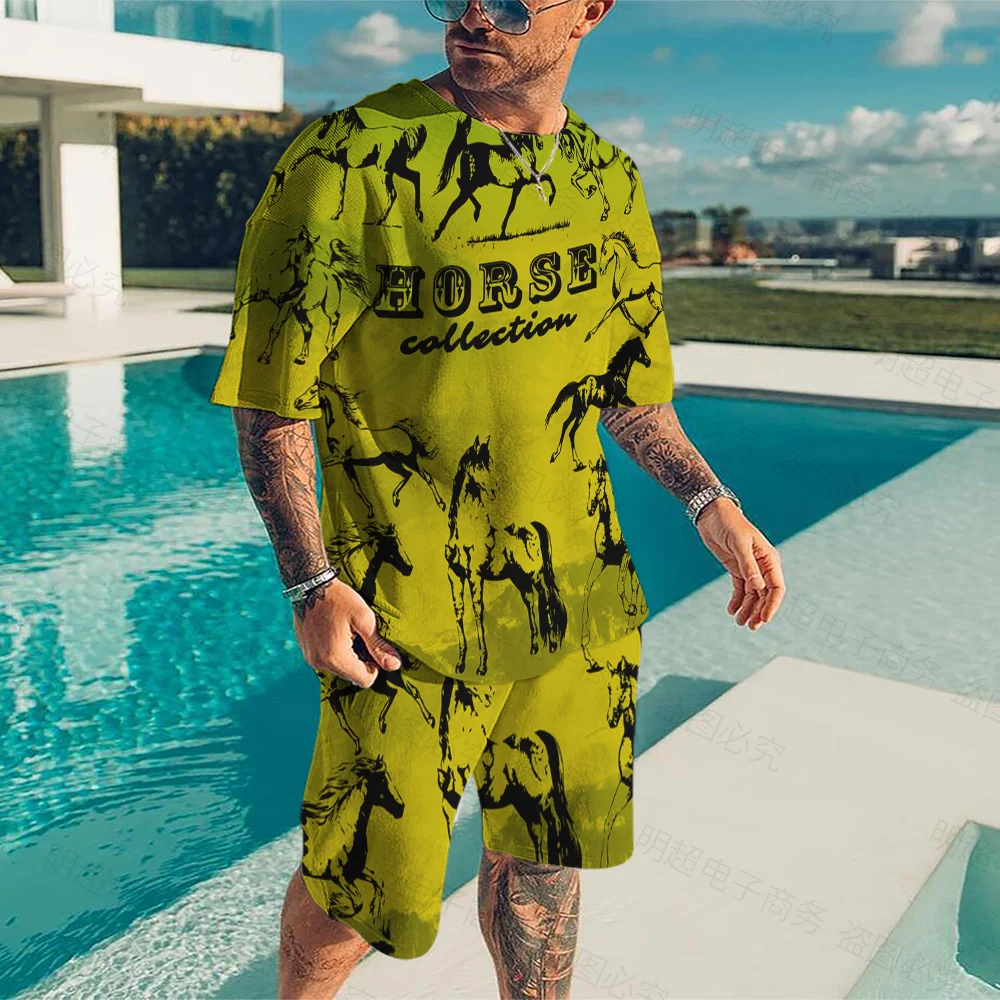 Summer New Fashion Horse Pentium 3D Printing Men's Two-piece Horse Print Letter Short Sleeve T-Shirt + Shorts Sportswear