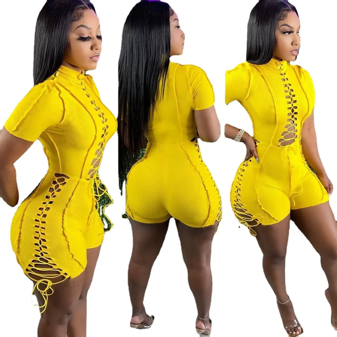 LEOSD Sexy Hollow Out Strappy Bandage Rompers Playsuits Rib Knit Jumpsuit Night Club Outfit One Piece Jumpsuit Women 2023