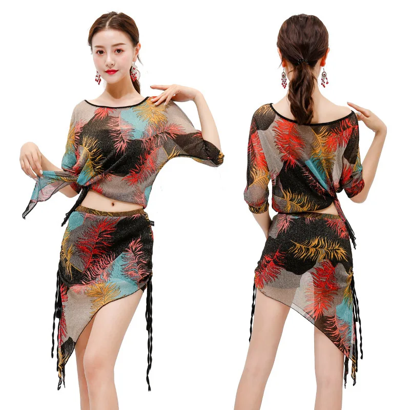 

1set/lot woman fashion print belly dancing costumes female Belly Dance Top and hip scarf