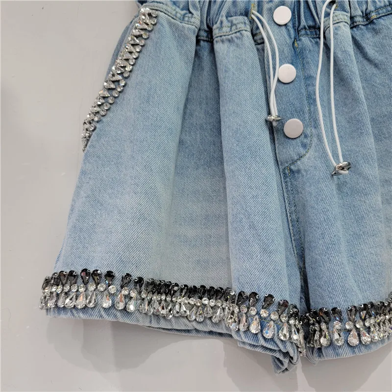Women's Short Pants 2023 Summer New Heavy Industry Contrast Color Diamond Beaded High Waist Slimming Wide-Leg Denim Shorts