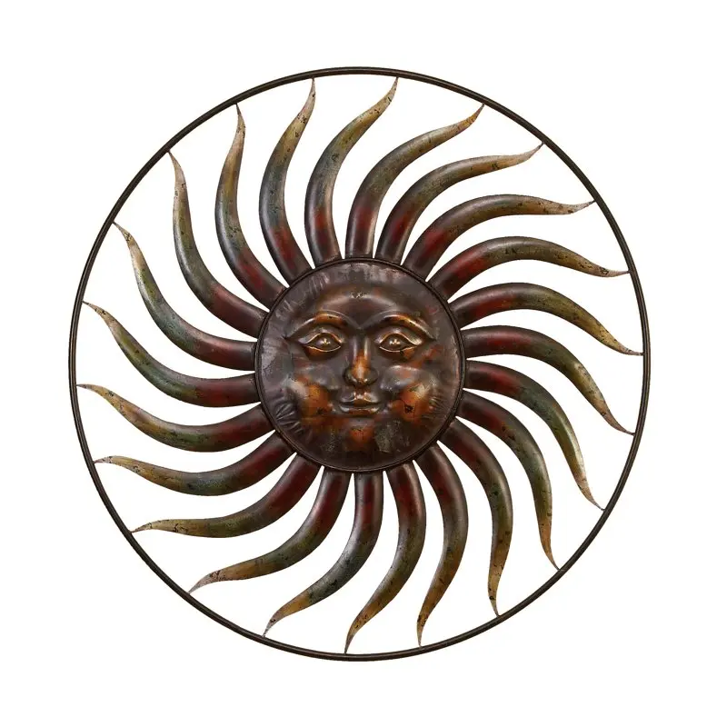 

Brown Metal Indoor Outdoor Sun Wall Decor with Distressed Copper Like