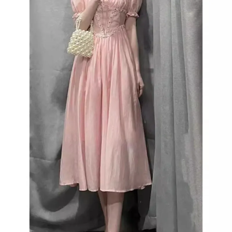 Элегантное темпераментное модное розовое платье с рукавами-фонариками