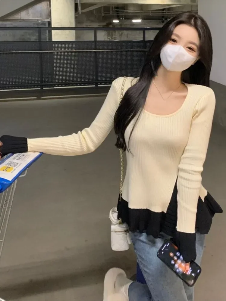 Y2K асимметричный вязаный свитер пуловеры черный Sueter Mujer винтажная туника с