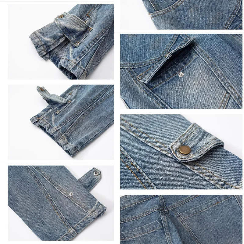 DEEPTOWN Button Cargo Jeans Men Baggy Pants for Mens Designer Cargos Denim Trousers Male Pocket Streetwear Hip Hop Distressed