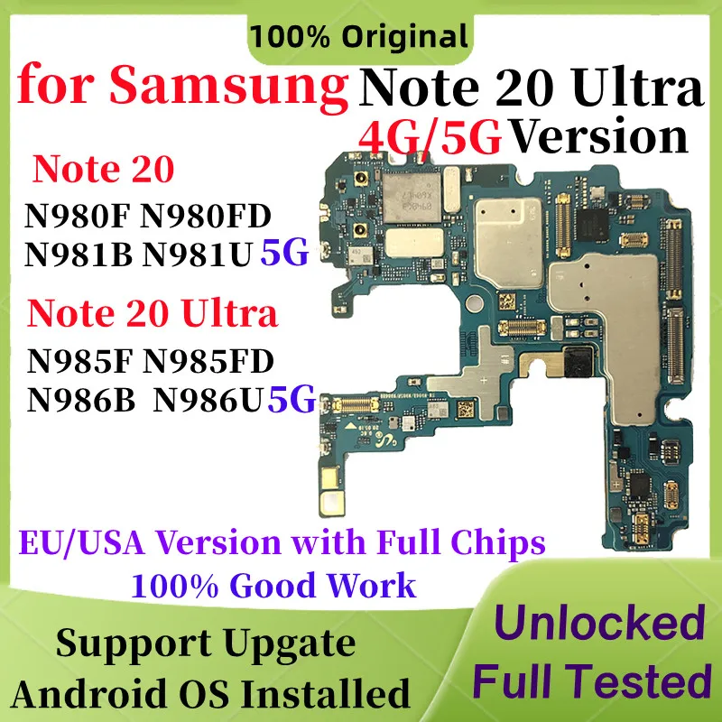 

Оригинальная разблокированная Логическая плата для Samsung Galaxy Note 20, ультратонкая материнская плата N980F N985F N981B N981U N986B N986U, Европейская и америка...