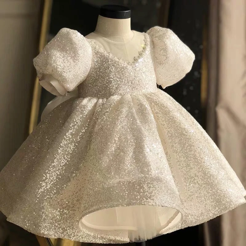 

2022 New Sequins White Dress For Girl Baptismal Party Infant Dresses Birthday Evening Big Bow Princess Wedding Baby Girl Dress