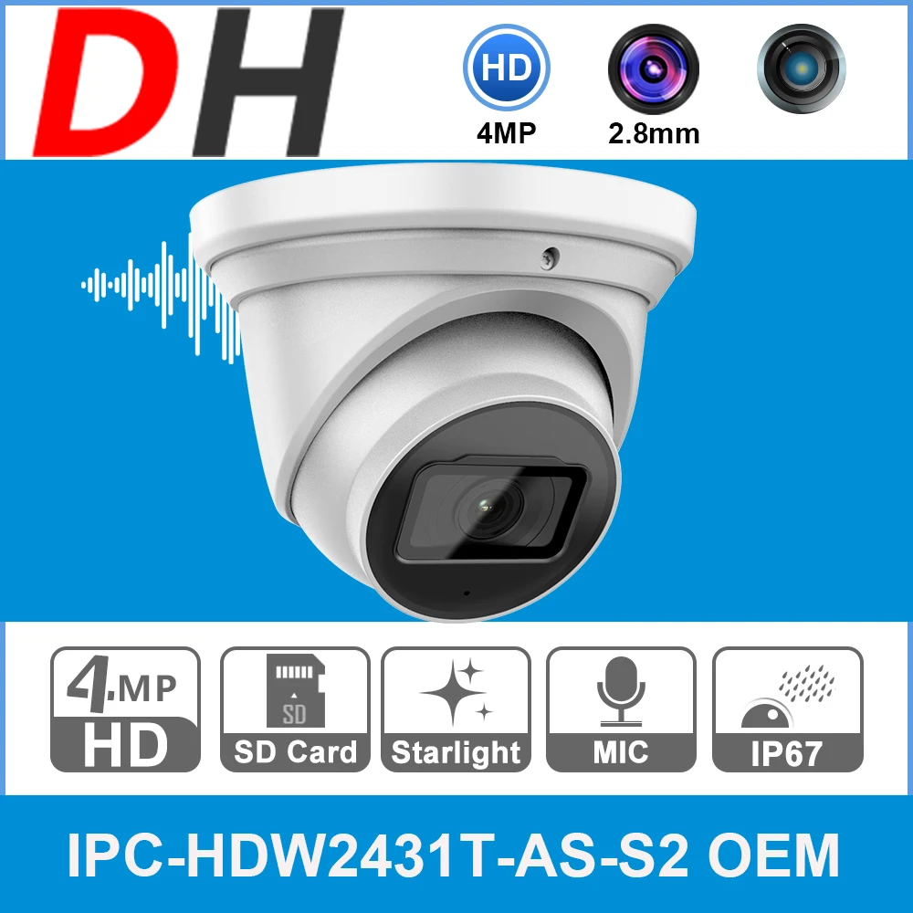 

OEM from Dahua IP Camera IPC-HDW2431T-AS-S2 4MP Night Vision Built-in Mic Eyeball Dome POE Card Slot Outdoor CCTV Surveillance