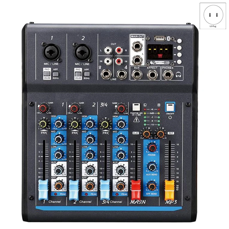 

Professional 4 Channel Bluetooth Mixer 48V Phantom Power Supply Console Reverb Effect For Home USB Live Stage-US Plug
