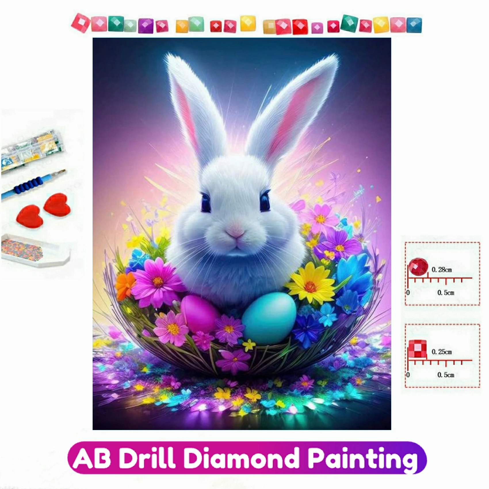

AB Drill Diamond Painting Rainbow Easter Rabbit Handicraft 5D DIY Cross Stitch Kit Rhinestone Mosaic Embroidery Home Decor