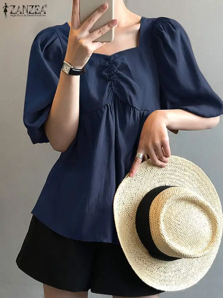 

ZANZEA Korean Fashion Women Blouses Casual Loose Square Neck Short Puff Sleeve Soild Smock Tops Summer Ruched Front Tunics Femme