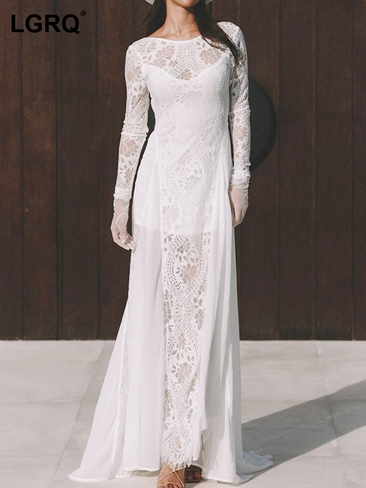 

LGRQ Solid Color Lace Translucent Long Sleeve Dresses Beach Holiday Style Women's Elegant Fashion Dress 2023 Autumn New 19F1865