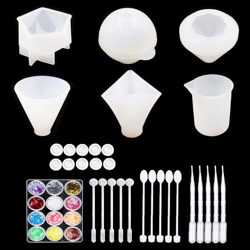 

E0BF 43 Pcs 3D Pyramid Cone Sphere Resin Casting Molds Large Clear Silicone Epoxy Resin Molds Mixing Cups Tools Kit