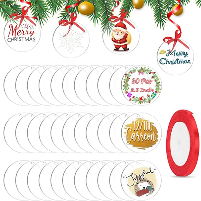 

30Pcs Acrylic Keychain 3.5 Inch Circle Blank with Hole Acrylic 0.080Inch 1/12 Inch Thick for Acrylic Red Ribbon for Xmas