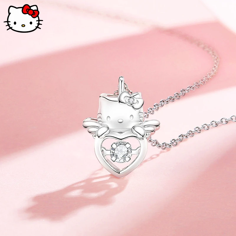 

Sanrio HelloKitty Necklace Kawaii Cartoon Silver Plated Clavicle Chain Jewelry Girl Hollow Diamond Pendant Couple Accessories