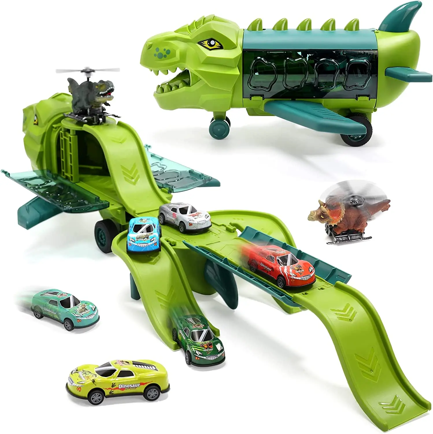 

Dinosaur Airplane Toys for Kids Tracks Transport Plane Toy Dino Helicopter Vehicles and Mini Race Cars Storage Play Set Gift Kid