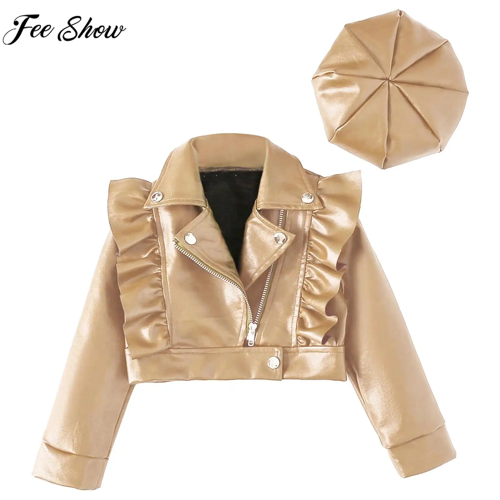 

Модные Куртки из искусственной кожи для маленьких девочек, повседневное мотоциклетное пальто на молнии с длинным рукавом и отложным воротником, повседневные школьные топы, верхняя одежда