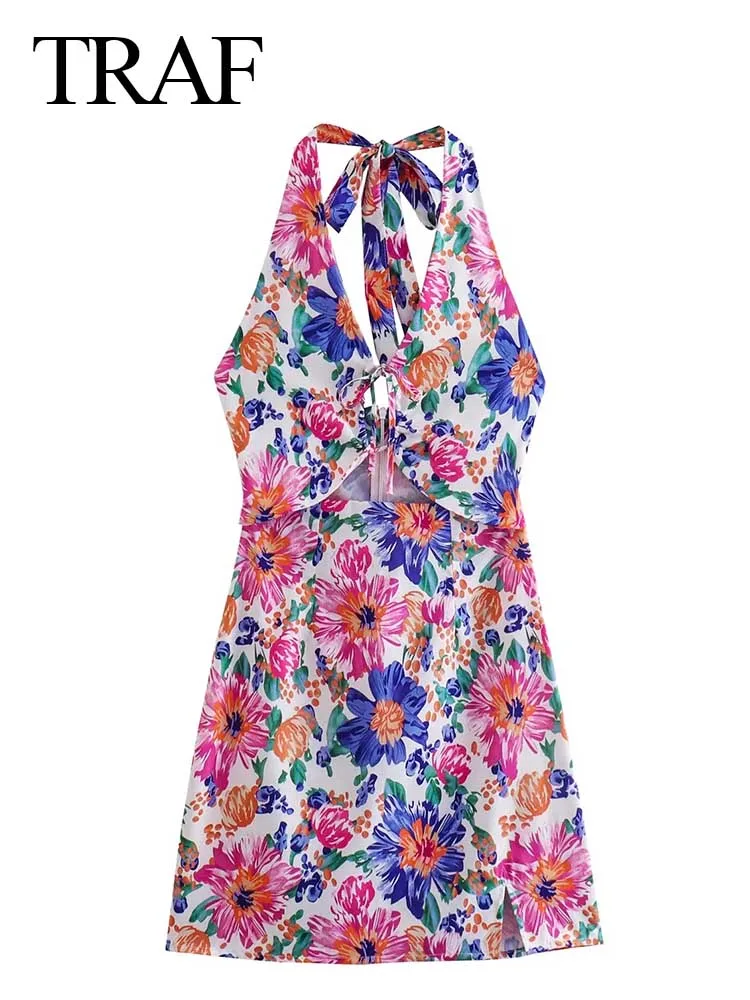 

TRAF 2022 Elegant Women Halter Neck Lace Up Dress Printed Flower Hollow Sleeveless Backless Slim Fit Sexy Mini Dress Lady Summer