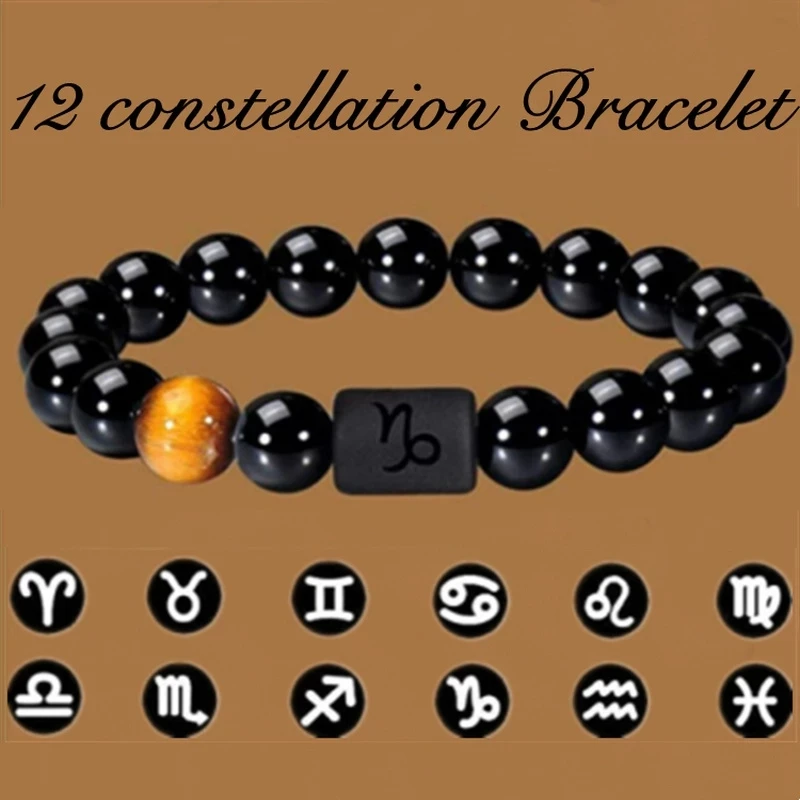 

12 Constellation Zodiac Signs Beads Couples Bracelet Natural Black Onyx Stone Elastic Charm Bracelet for Women Men Birthday Gift