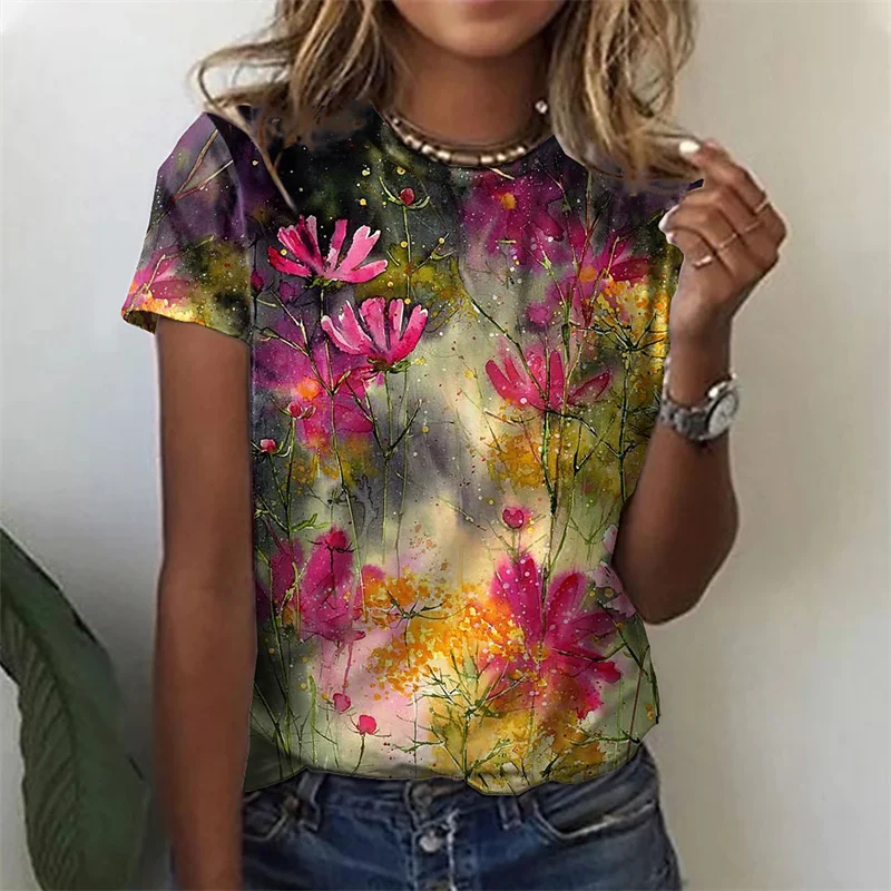 

Summer Abstract Painting T Shirt Women Graphic Graffiti Print O Neck Casual Top Everyday Elegant Ladies Color Short Sleeve