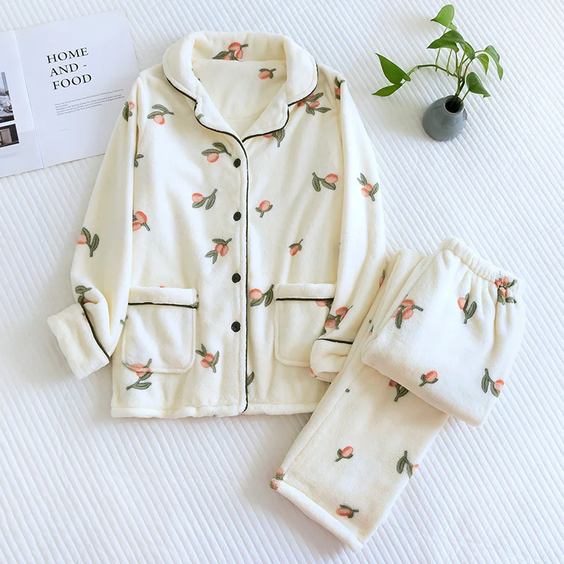 Lisacmvpnel Autumn And Winter Thickened Coral Velvet Pajamas Women's Flannel Velvet Suit Long Sleeved Cardigan Loose Pajama Set