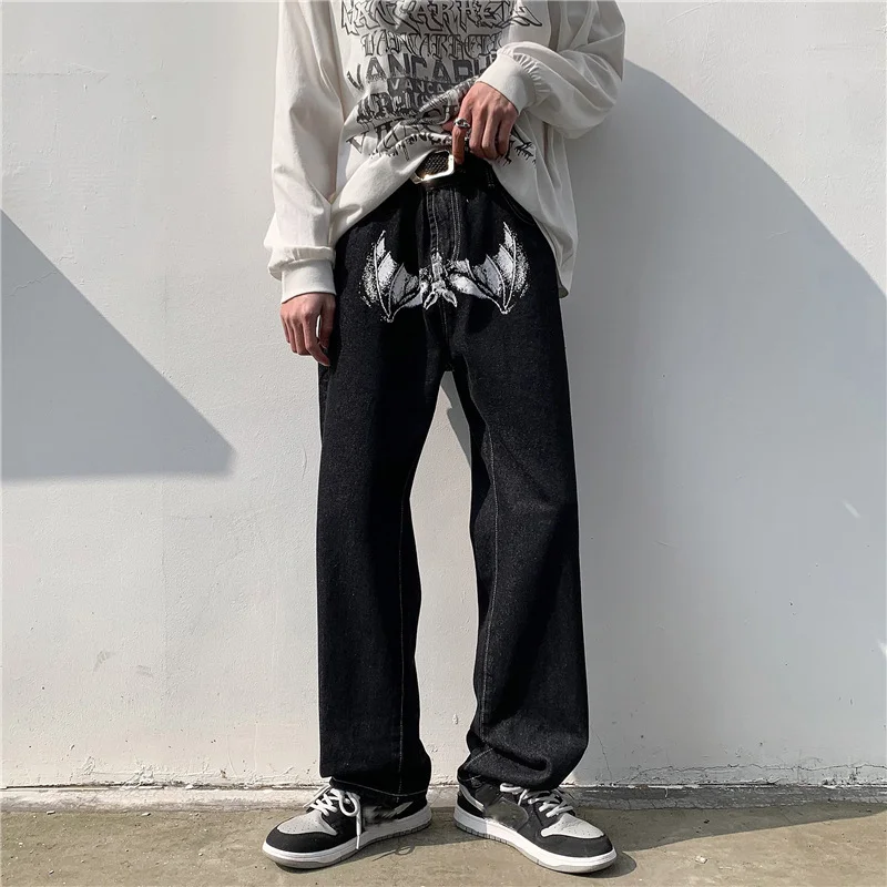Hip Hop Printed Jeans Men Baggy Black Denim Trousers Straight Pants Spring Fashion Korean Streetwear Male Bottoms Y2K Clothes