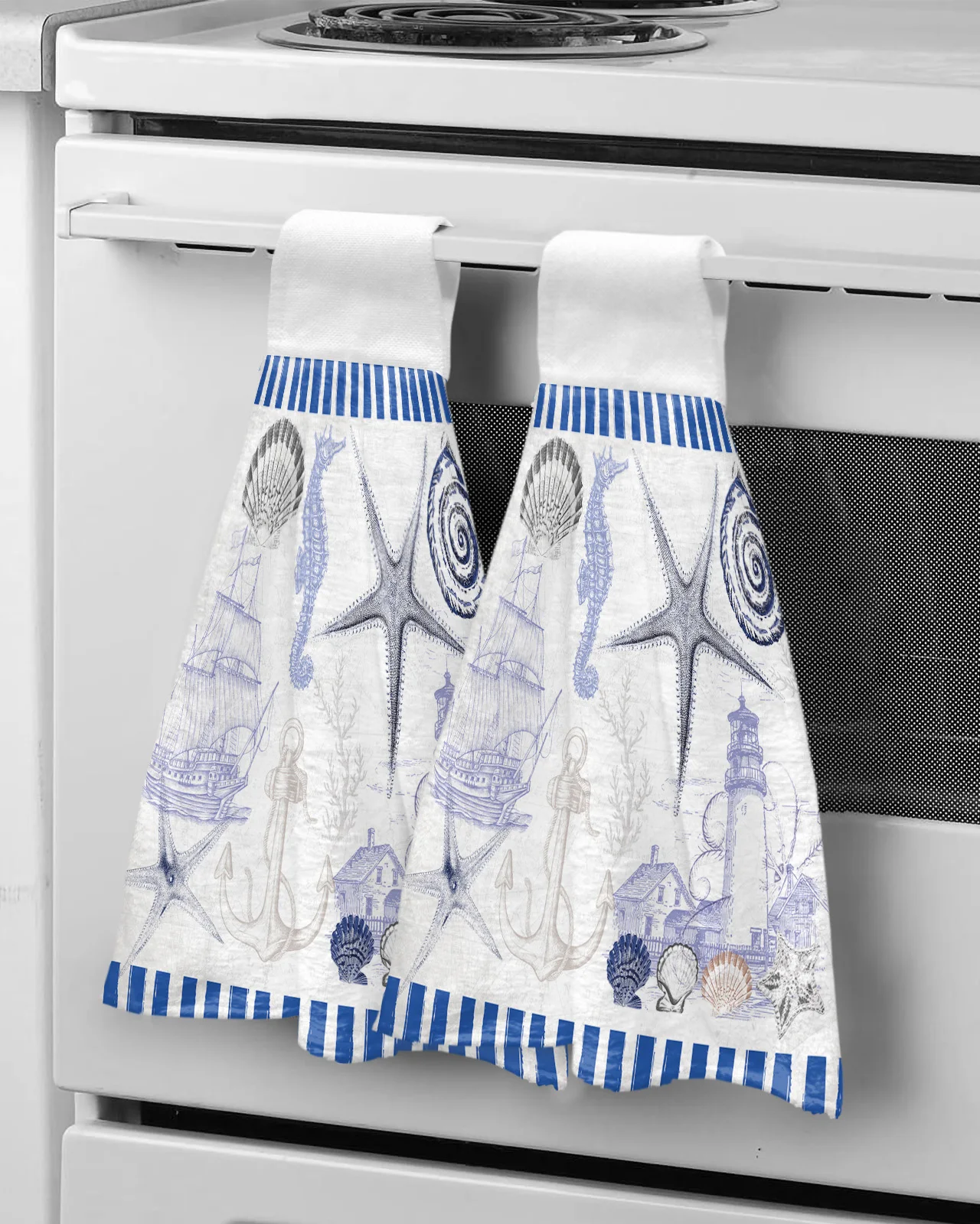 

Marine Stripes Ocean Shells Starfish Lighthouse Anchor Hand Towels Kitchen Tools Hand Towel Hang Wipe Absorbent Towels
