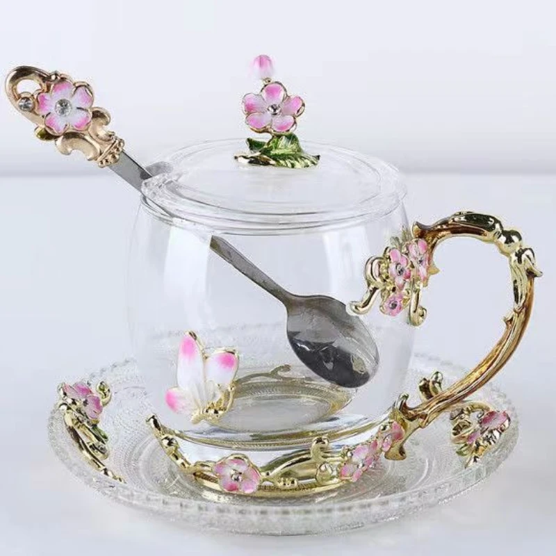 

Креативная эмалированная Кружка персикового розового цвета с маргаритками, чайная чашка, кофейная кружка, Бабочка, Маргаритка, чашки для воды с цветами, прозрачное стекло с ложкой