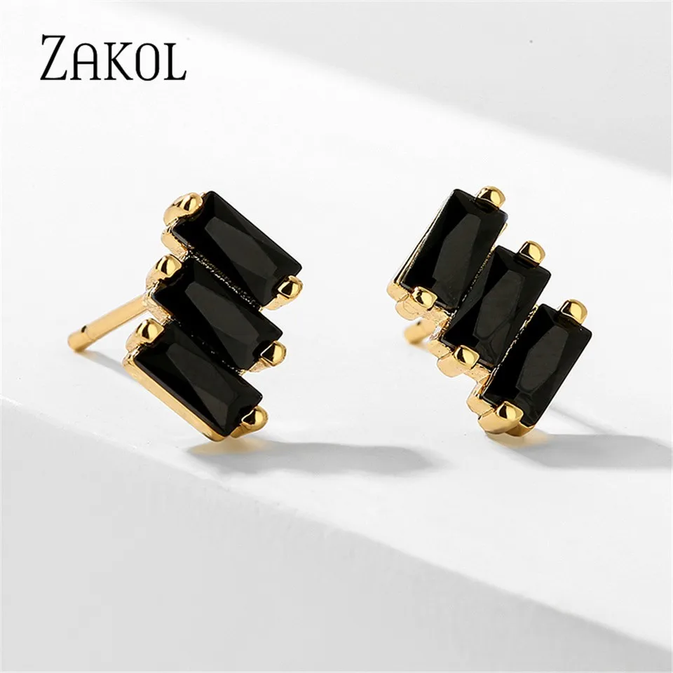 ZAKOL простые 3 черные квадратные кубические циркониевые серьги-гвоздики для женщин INS геометрические корейские новые серьги изысканные вечерние ювелирные изделия