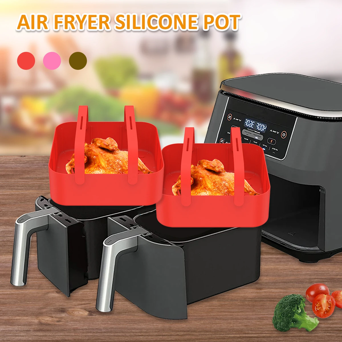 

New2Pcs Air Fryer Silicone Pot with Handle Reusable Air Fryer Liner Heat Resistant Air Fryer Silicone Basket 7 inch Square