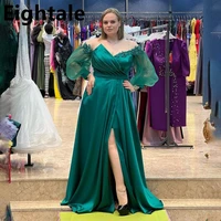 eightale plus size evening dress for wedding party 2022 off shoulder puff sleeve side slit satin beaded floor length prom gown