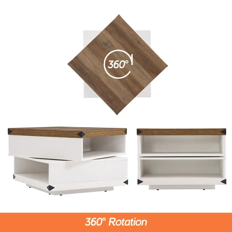 

Rotatable Coffee Table with 4 Cubbies, Square Wood Accent Tea Center Table for Living Room, White&Oak, 25.5"