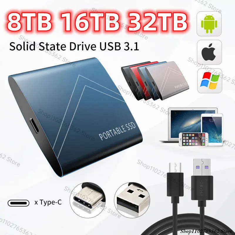 Portable SSD 16TB High-speed Mobile Solid State Drive 4TB 8TB 32TB SSD Mobile Hard Drives External Storage Decives for Laptop