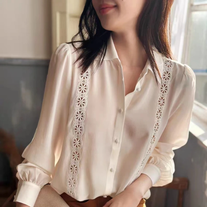 

Шифоновая женская рубашка Весна-лето однотонные винтажные блузки свободная одежда с воротником-поло кружевные лоскутные модные топы с длинным рукавом