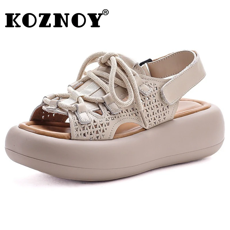 Фото Koznoy/женские сандалии из коровьей кожи 5 см, женские модные мокасины с открытым носком, летняя этническая обувь на танкетке и платформе с крючками №1